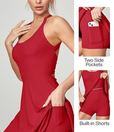 Heathyoga Tennis Dress, Cut Out Twisted Workout Dress Golf Athletic Dress with Built in Shorts & Bra Pockets for Women Red, Medium - Image 4