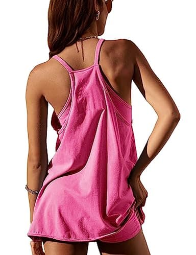 GTLIAE Summer Dress for Women 2025 Hot Shot Mini Romper Dresses Athletic Spaghetti Strap Tennis Dress Built in Shorts (Rosered-XS) - Image 2