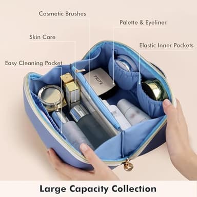 Prite Makeup Bag for Women Travel Waterproof Vegan Leather Cosmetic Bag Open Flat Toiletry Bag With Clear Divider and Handle (Blue) - Image 3
