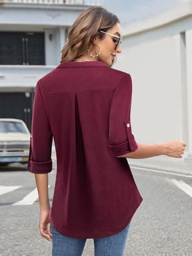 Bulotus Women's 3/4 Sleeve Tops Zip Front Casual Shirt Fall Top for Leggings Blouses for Women Business Casual, Burgundy, X-Large - Image 4