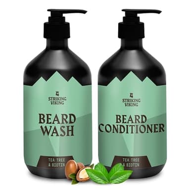 Striking Viking Beard Wash and Conditioner (Tea Tree & Biotin) - Paraben & Sulfate Free Cleansing Care for All Beard Types (10oz Per Bottle) - Image 1