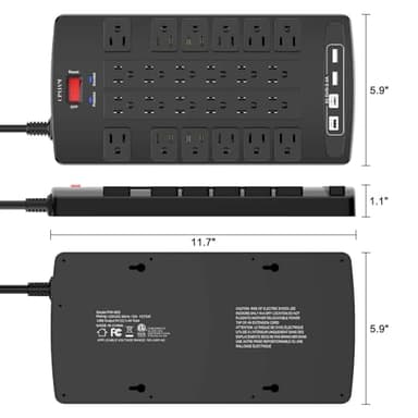 QINLIANF Surge Protector Power Strip - 6Ft Flat Plug Heavy Duty Extension Cord with 24 Outlets and 4 USB Ports(2 USB-C Ports), 1875W/15A, 4100J, for Home, Office, Dorm, ETL Listed, Black - Image 7