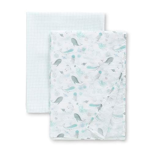 Delta Children 100% Cotton Muslin Baby Receiving Blankets for Girls and Boys – 47x47 Inches (Pack of 2), Sea Life - Image 1