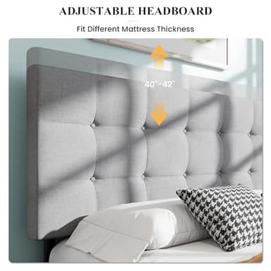 SHA CERLIN Upholstered Full Size Platform Bed Frame with 4 Storage Drawers, Adjustable Headboard with Square Stitched Button Tufted Design, Wooden Slat Support, No Box Spring Needed, Light Grey - Image 4