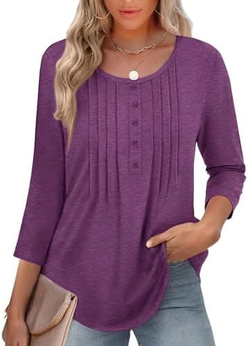 Zeagoo 3/4 Length Sleeve Womens Tops Round Neck Casual Summer Tunic Tops Basic Tees Blouses Dressy T-Shirts Pleated Shirts - Image 5