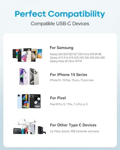 Huukein White USB C Cable 10 ft, Long USB A to USB C Cable Fast Charging, USBC Charger Cord Braided for iPhone 17 Air 16 15 Pro Max Plus, for Samsung Galaxy S21 Note 10 - Image 7