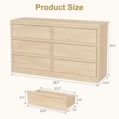 GarveeHome 6 Drawer Dresser for Bedroom, Modern Double Dresser Organizer with 6 Drawers Large Storage, Wooden Chest of Drawers for Living Room, Nursery, Hallway - Natural - Image 2