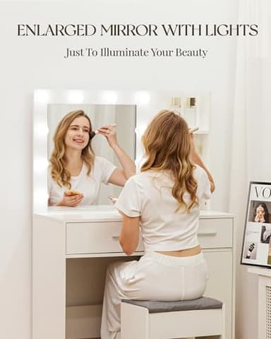 LIVELYGLOW Lighted Makeup Vanity Desk, 35.4“W x 15.7'”D x 54“H, White (with Lights and Mirror, Dimming Function, 2 Drawers and 1 Cabiniet, Open Shelves) by Boahaus - Image 5