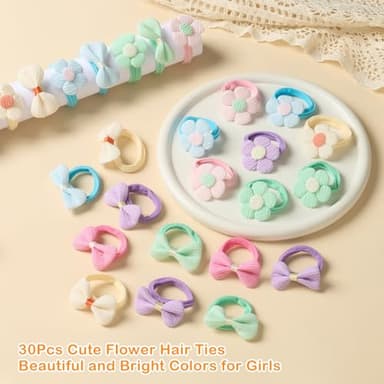 30Pcs Toddler Hair Ties, Baby Hair Ties for Girls, Cute Bow Flower Ponytail Holders, Colorful Seamless Cotton Bands for Litter Girls Kids, Toddler Hair Accessories for Thick Thin Hair - Image 7