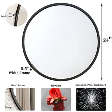 G-LEAF Black Round Mirror 24 inch, Circle Mirror for Bathroom, Entryway, Vanity, Living Room, Round Bathroom Mirror for Wall - Image 4