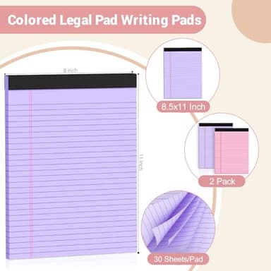 Legal Pads 8.5 x 11 Colored Note Pads, 2 Pack Notepads 8.5 x 11 Lined Paper, Colored Notebook Paper Writing Pads 30 Sheets per Colored Paper Pads 8.5 x 11 for Purple Legal Pads Home Office School - Image 2