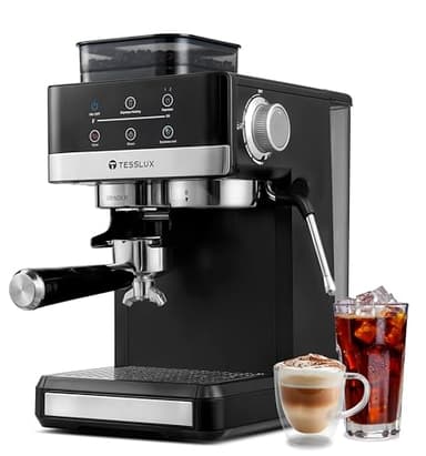 tesslux Espresso Machine with Grinder, 20 Bar Compact Espresso Maker with Milk Frother Steam Wand, Professional Coffee Machine for Home, Touch Control, Cappuccino & Latte Maker - Image 1