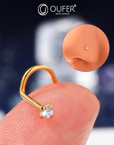 OUFER 925 Sterling Silver Nose Studs, Bone L Screw Shaped Nose Rings, 20G Nostril Solid 2mm Round CZ Nose Piercing Jewelry for Women Men-Screw Shaped Gold - Image 6
