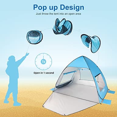 TOBTOS UPF 50+ Pop Up Beach Tent, Beach Umbrella, Automatic Sun Shelter 2-3 People UV Protection Portable Sunshade, Easy Set Up Baby Canopy Cabana, Lightweight with Carry Bag - Image 5