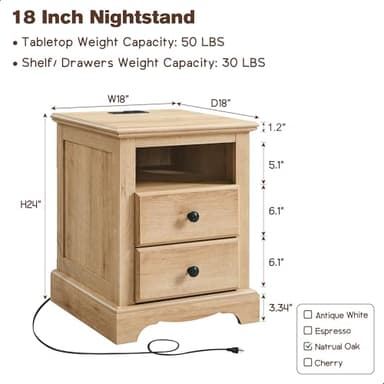 T4TREAM Nightstand with Charging Station, 18 Inch Vintage End Table with 2 Drawers, Wood Rustic Sofa Side Table with Open Storage Shelf for Bedroom, Living Room, Natural Oak - Image 2
