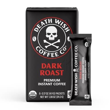 Death Wish Coffee Instant Dark Roast Coffee Packets, Bold & Intense Blend of Arabica & Robusta Beans, USDA Organic, 8 Count - Image 1