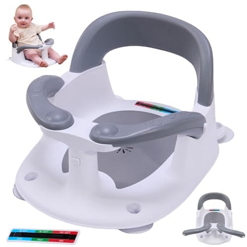 LDIIDII Baby Bath Seat for Babies 6 Months & Up Sitting Up,Infant Bath Seat with Temperature Alert+Open Backrest+on/Off Armrest,Toddler Bath seat Baby Bath Chair for Bathtub,Tub,Sink Grey - Image 1