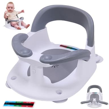 LDIIDII Baby Bath Seat for Babies 6 Months & Up Sitting Up,Infant Bath Seat with Temperature Alert+Open Backrest+on/Off Armrest,Toddler Bath seat Baby Bath Chair for Bathtub,Tub,Sink Grey - Image 1