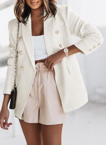 Happy Sailed Tweed Blazers for Women Dressy Casual Double Breasted Long Sleeve Lapel Collar Formal Blazer Jackets Slim Fit Open Front Business Work Jackets White Small - Image 3