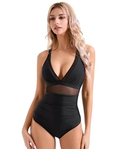 SUUKSESS Women Slimming Tummy Control One Piece Swimsuits Sexy Mesh High Waisted Monokini Bathing Suits (Black, L) - Image 2
