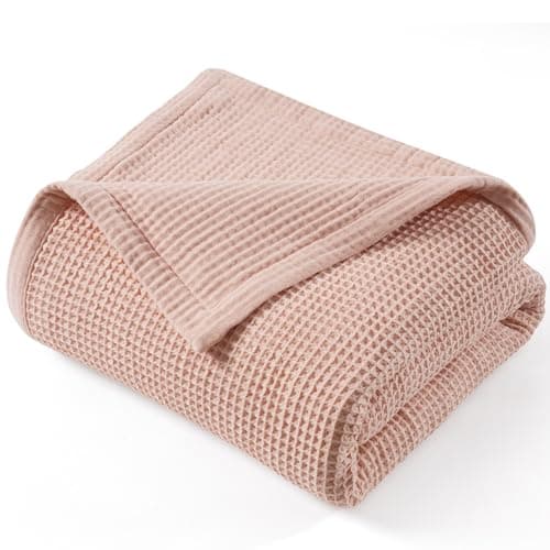 PHF Reversible Waffle & Muslin Blanket 100% Cotton 400GSM Queen Size 90" x 90", Breathable Lightweight and Soft, Luxury Aesthetic Waffle Gauze Blanket for Home Decor, Ideal Gift, Rose Smoke - Image 1