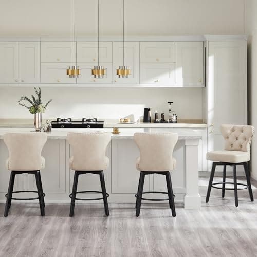 Counter Height Barstools 26 inch Upholstered Button Tufted Swivel Bar Stools with Back and Wood Legs for Kitchen Island,Set of 4,Beige-Nailhead Trim - Image 1