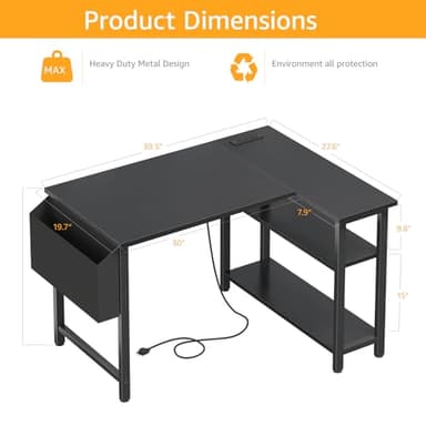 DLisiting Black L Shaped Desk with Shelves Power Outlet, 40 Inch Small Corner Computer Gaming Desk for Small Space Home Office, Study Work PC Desks for Bedroom, Black - Image 3