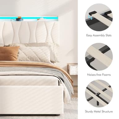 Full Size Lift Up Storage Bed Frame, Height Adjustable Storage Headboard with Charging Station, LED Lights Upholstered Platform Bed, Wooden Slat, No Box Spring Needed, Noise-Free, Beige - Image 5