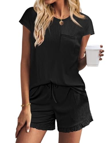 Ekouaer Womens Pajama Set Cap Sleeve Tops and Ruffle Shorts Lounge Set 2 Piece Pj Sets Casual Sleepwear with Pockets Black - Image 1