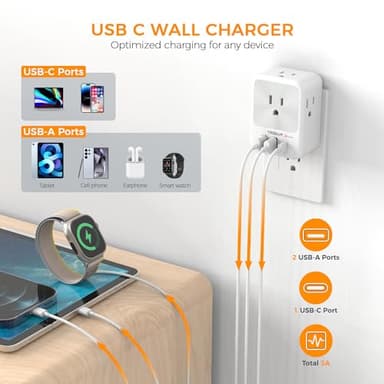 Surge Protector Wall Outlet Extender, TESSAN Multi Plug Outlet Splitter with 3 USB Charging Blocks(1 USB C), Multi Plug Wall Charger for Home, Office, School, College Dorm Essentials - Image 4