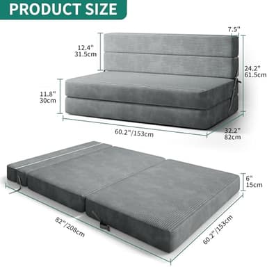 YITAHOME Convertible Folding Sofa Bed, Corduroy Fabric Fold Out Chair Bed, High-Density Memory Foam Floor Futon Couch for Living Room Bedroom Guest Use Apartment, Grey, Queen Size - Image 2