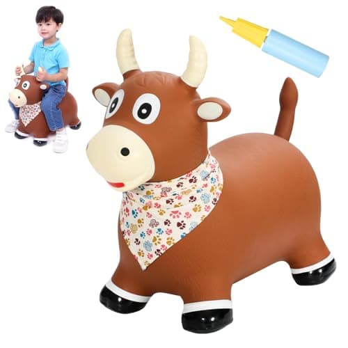 INPANY Bouncy Bull Farm Animal Hopping Toys for 1 2 Year Old Boy Gifts, Ride on Toddler Brown Cow Hopper, Kids Inflatable Jumping Horse, Outdoor Indoor Rubber Bouncer for 3 4 Yr Girl Birthday - Image 1