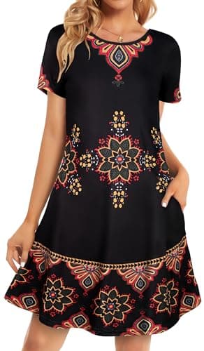 elescat Sundresses for Women Summer Casual Beach Short Sleeve Swing Pockets Loose Fit Flowy T Shirt Dress (Black Red Boho, L) - Image 1