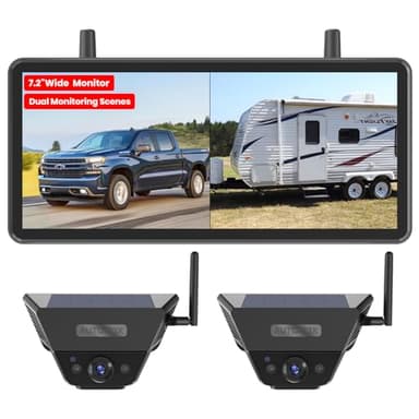 Solar Backup Camera Wireless for RVs and Trailers No-Installation - 7.2" HD 1080P Monitor,Dual Camera System, Strong Magnetic Scratch-Proof Rear View Camera for Trucks, Campers, SUVs, and Cars - Image 1
