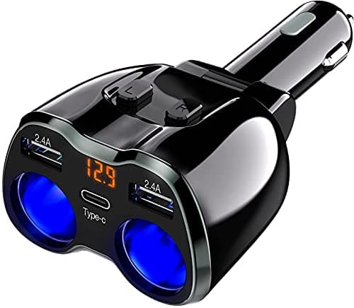 Otium USB C Car Charger, 2 Sockets Cigarette Lighter Splitter 12/24V 80W Dual USB Type-C Ports Separate Switch LED Voltage Display Built-in Replaceable 10A Fuse Compatible Mobile Phone GPS Dash Cam - Image 1