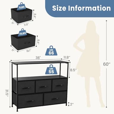 DUMOS TV Stand Dresser for Bedroom with 5 Fabric Drawer,Entertainment Center for 45 inch Television, Media Console Table with Storage, Open Shelf, Adjustable Feet, Living Room Furniture, Black - Image 3