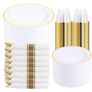 DaYammi 350PCS Gold Plastic Dinnerware Set for 50 Guests, Fancy Disposable Plates for Party, Include: 50 Dinner Plates, 50 Dessert Plates, 50 Pre Rolled Napkins with Gold Silverware, 50 Cups - Image 1