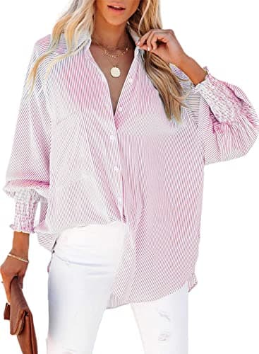 Womens Smocked Cuffed Striped Boyfriend Shirt Casual Collar Long Sleeve Oversized Button Down Blouse Tops with Pocket Shirred Pink - Image 1
