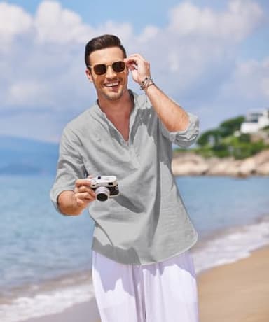 COOFANDY Men's Cotton Linen Henley T-Shirts Long Sleeve Hippie Casual Beach T-Shirts Gray - Image 5