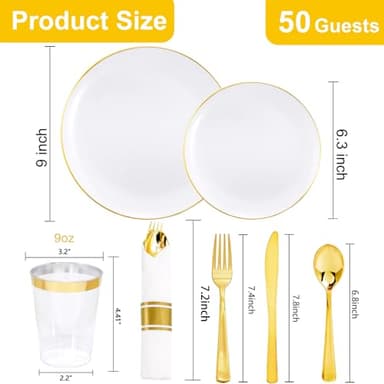 KIRE 350 PCS White and Gold Plates Disposable - Elegant Dinnerware Set of 50 Guest, White Plastic Plates With Gold Rim, Pre Rolled Napkins with Silverware & Cups for Thanksgiving Party/Wedding - Image 3