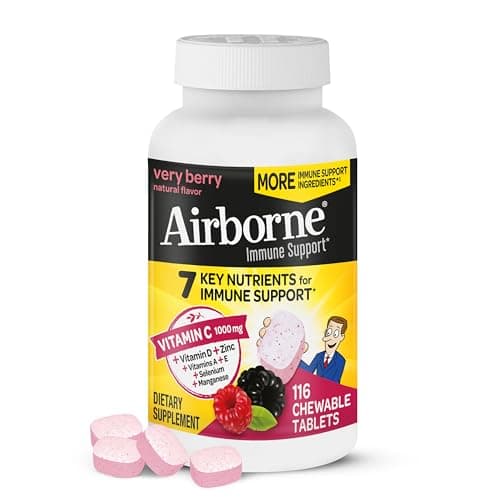 Airborne Vitamin C 1000mg (per Serving) - Very Berry Chewable Tablets (116 Count in a Bottle), Gluten-Free Immune Support Supplement, with Vitamins A C E, Zinc, Selenium, Ginger, Antioxidants - Image 1