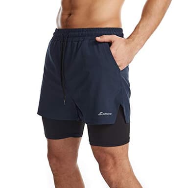 Surenow Mens 2 in 1 Running Shorts Quick Dry Athletic Shorts with Liner, Workout Shorts with Zip Pockets and Towel Loop Navy Blue - Image 6