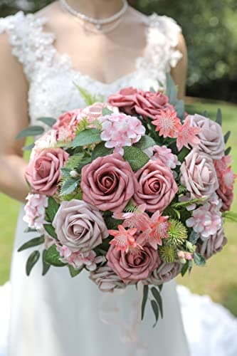 YYHUAWU Artificial Flowers Combo Box Set Gradient Color Flower Leaf with Stems for DIY Wedding Bouquets Centerpieces Baby Shower Party Home Decorations (Gradient Rosy Red) - Image 2