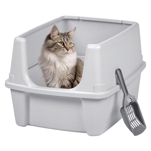 IRIS USA Large Cat Litter Box with Scatter Shield and Scoop, Open Top High Sided Cat Litter Pan, Silver - Image 1