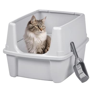 IRIS USA Large Cat Litter Box with Scatter Shield and Scoop, Open Top High Sided Cat Litter Pan, Silver - Image 1