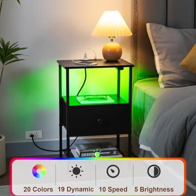 LOAKEKEL Night Stand Set 2, LED Nightstand with Charging Station, End Tables Living Room with Fabric Drawer, Small Side Tables for Bedroom, Small Space, Black, HETS01BK - Image 5