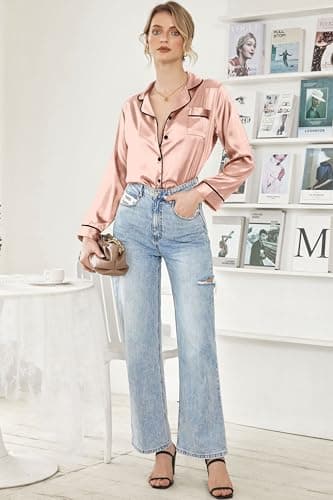 Ekouaer Women's Classic Button Down Long Satin Silk Pajama Set,Large,Pink - Image 5