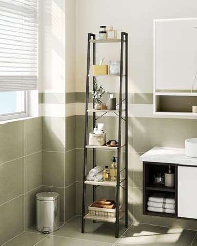 Hzuaneri Ladder Shelf, Bookshelf Bookcase, Freestanding Corner Storage Shelve with 2 Hooks for Home Office, Living Room, Kitchen, Bedroom, Industrial, 6-Tier Greige BC13305B - Image 7