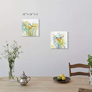 Hardy Gallery Abstract Birds Picture Wall Art: Colorful Animal Birds & Grass Painting Canvas Print Artwork for Wall (12” x 12” x 2 Panels) - Image 2