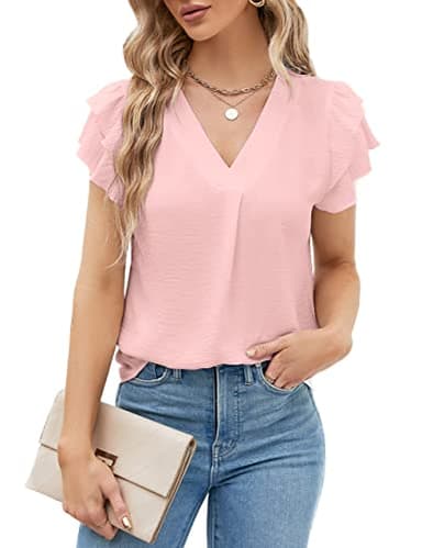 Blooming Jelly Womens Dressy Casual Shirts Short Sleeve V Neck Work Blouse Business Casual Summer Tops 2025(X-Large, Light Pink) - Image 1